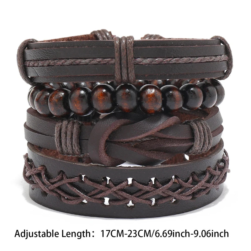 4Pcs/ Set Braided Wrap Leather Bracelets for Men Vintage Life Tree Rudder Charm Wood Beads Ethnic Tribal Wristband Rope Bracelet