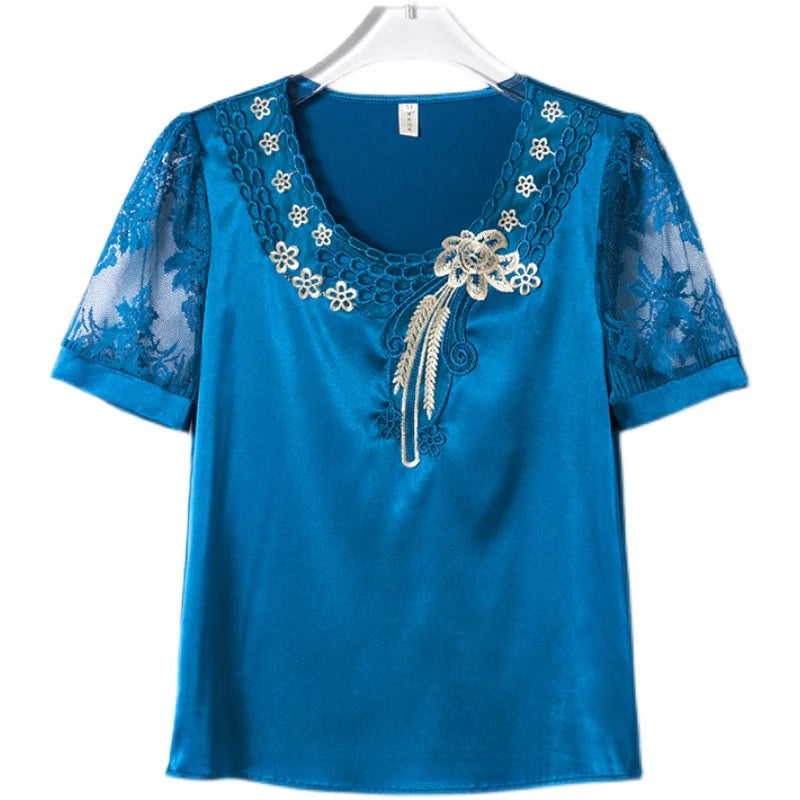 M-4XL Summer Clothing New fashion Satin Lace Tops Short Sleeve embroidery shirt Hollow out Women blouse