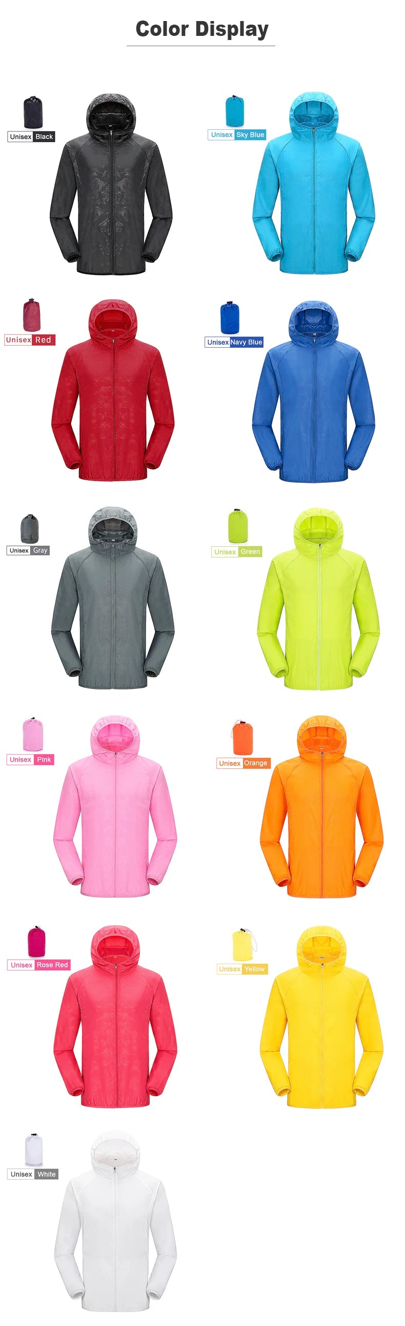 JNLN Men Women Waterproof Hiking Jackets Quick Dry Camping Windbreaker Unisex Outdoor Trekking Raincoat Anti UV Packable Clothes