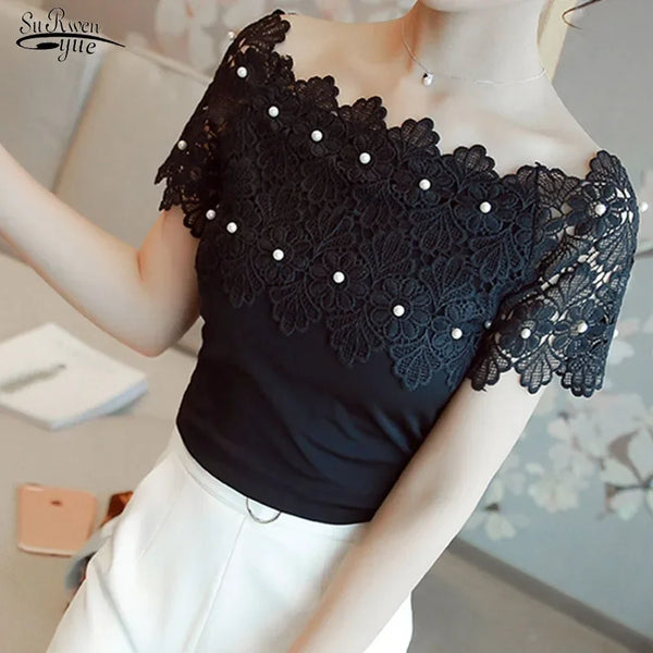 Summer Casual Sexy Women Tops And Blouses Short Sleeve Hollow Out Fashion Elegant Blouses Women Ladies Lace Patchwork Blouse 80F