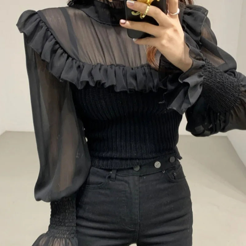 Gagarich Women Sweater Winter Autumn French Sweet Temperament Female Mesh Stitching Frill Design Solid Color Pullovers