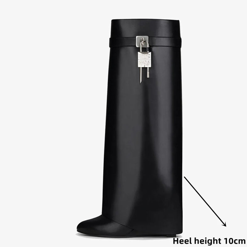 luxury Brand Luxury New Knee High Women's Boots Shark Lock Metalic Genuine Leather Long Thick Soled High-heeled Designer Shoes