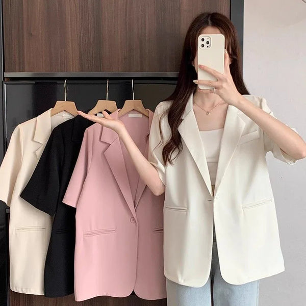 White Short-sleeved Blazer Jacket Women Summer Chic Single Button Notched Collar Outwear Ladies Korean Loose Office Suit Coat