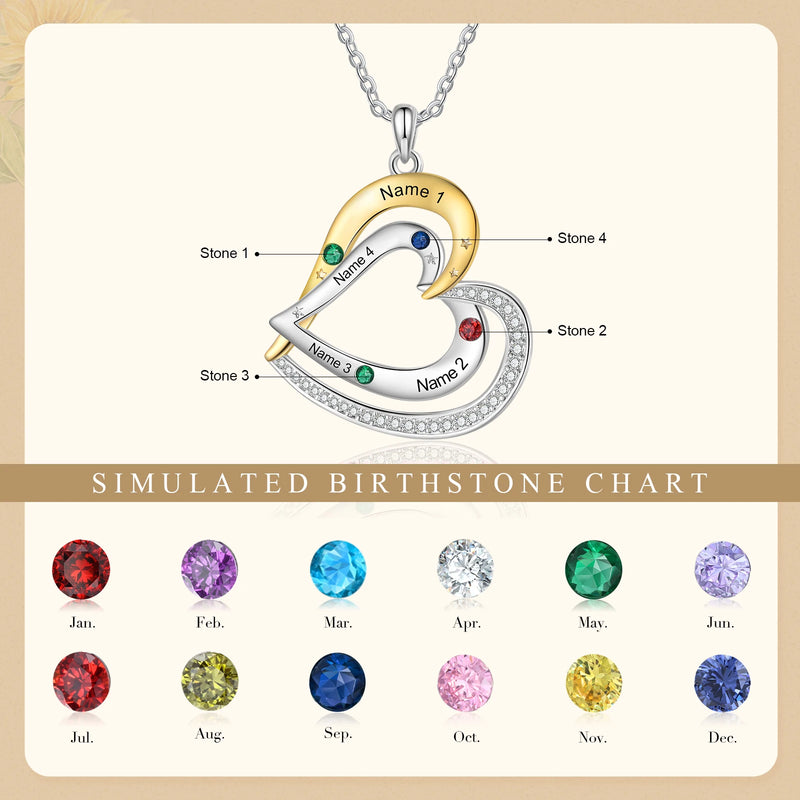 Customized 1-5 Birthstones Names Love Heart Pendant Neck-lace with Stars Decors for Mothers Day Brithday Gifts