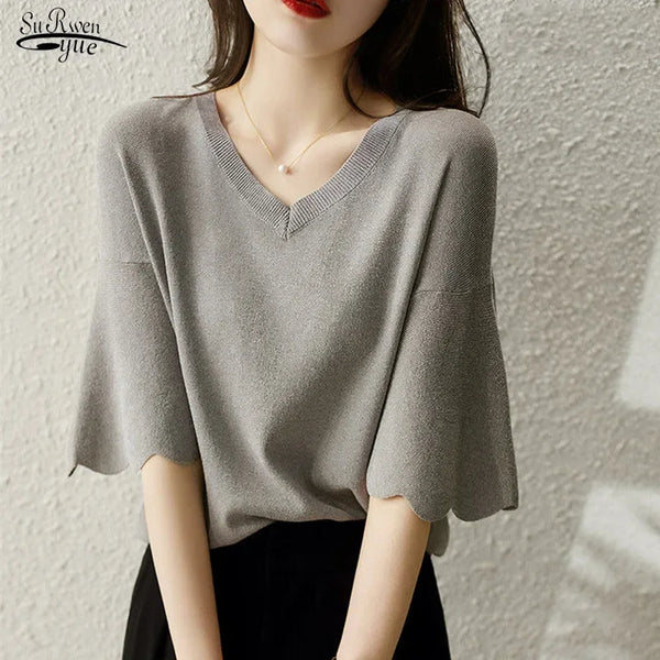 Women's Summer Knitting Shirt Petal Sleeve V-neck Top Loose Short Sleeve Ice Silk Sweater Thin Style Women's Fashion Shirt 14799