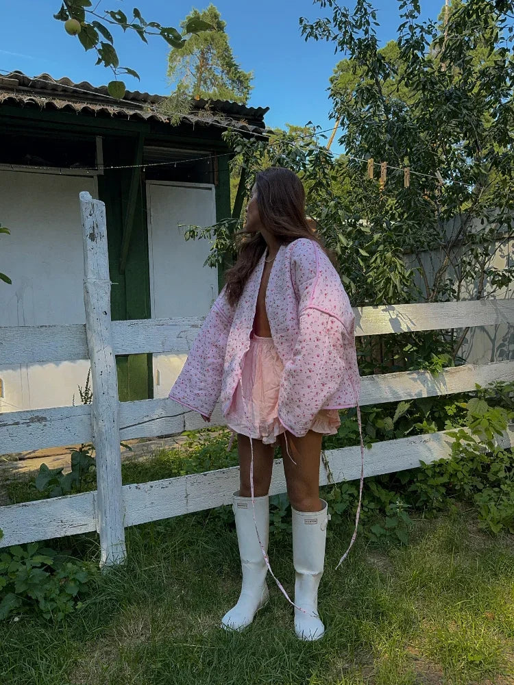 2024 New Pink Floral Cotton Coats Women Fashion V-neck Full Sleeve Lace Up Loose Jacket Autumn And Winte Chic Warm Lady Outwear