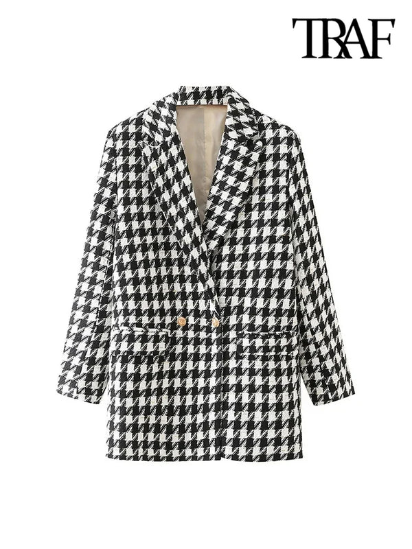 TRAF Women Fashion Houndstooth Tweed Blazer Coat Vintage Long Sleeve Flap Pockets Female Outerwear Chic Veste Femme