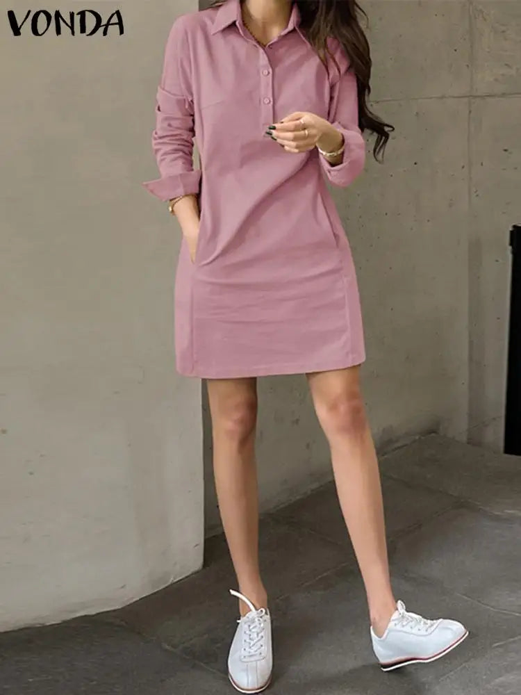 VONDA Women Dress Summer Elegant Long Sleeve Solid Color Shirt Sundress 2024 Casual Loose Buttons Pockets Short Mini Vestidos