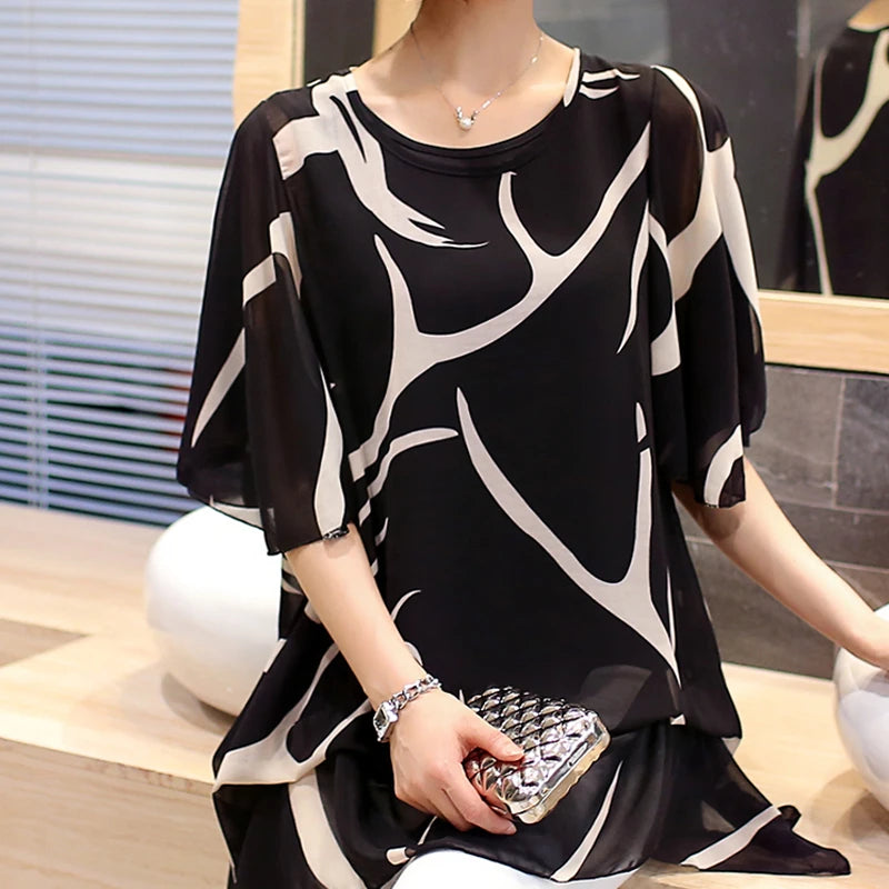 New 2023 Summer Short Sleeve Women's Clothing Fashion Loose5XL Chiffon Women Blouse Shirt Loose Woemn's Tops Blusas 60A 30