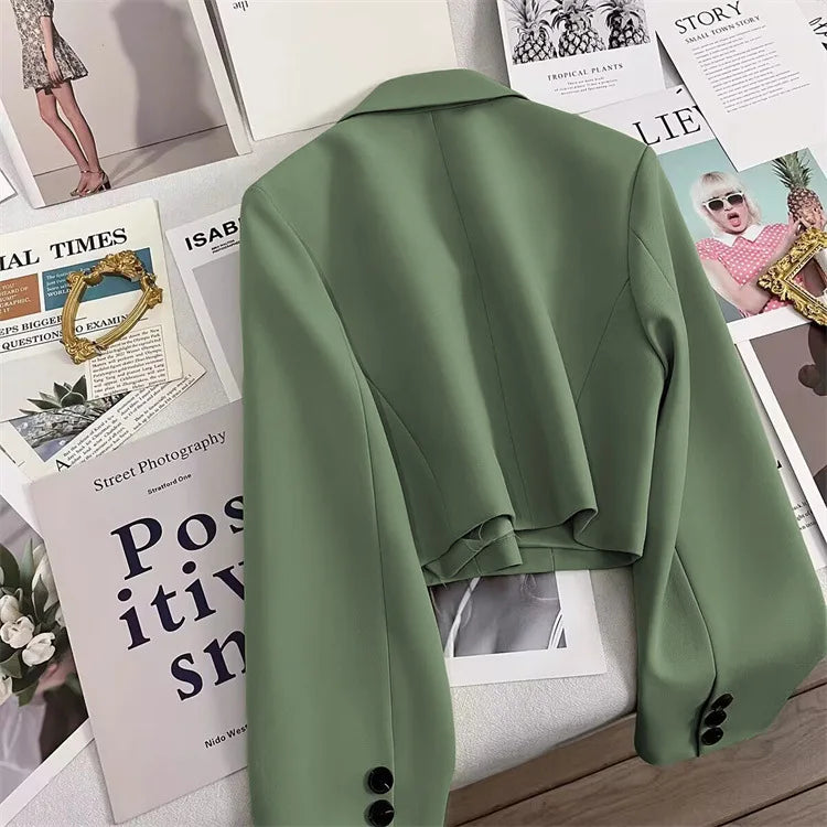 Korean Cropped Blazers Women Autumn Solid Color Simple Single-button Outwear Teens All-match Long Sleeve Office Lady Suit Jacket