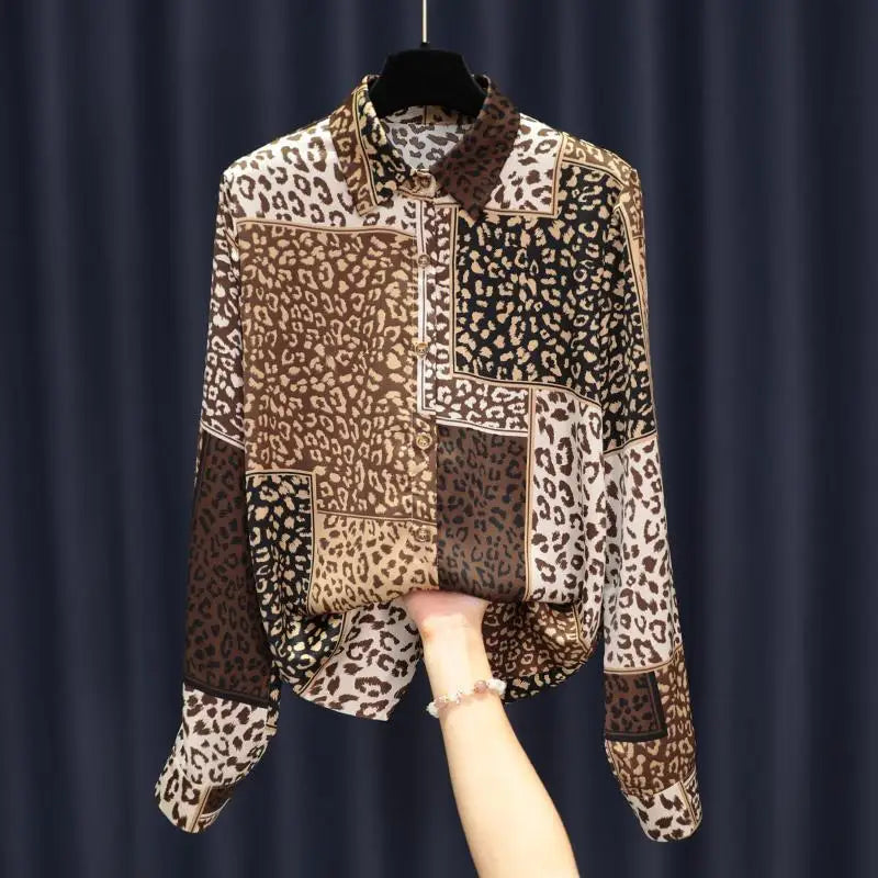 2022 Spring New Leopard Patchwork Print Satin Shirt Women Korean Style Polo Neck Long Sleeved Blouses Elegant Fashion Casual Top
