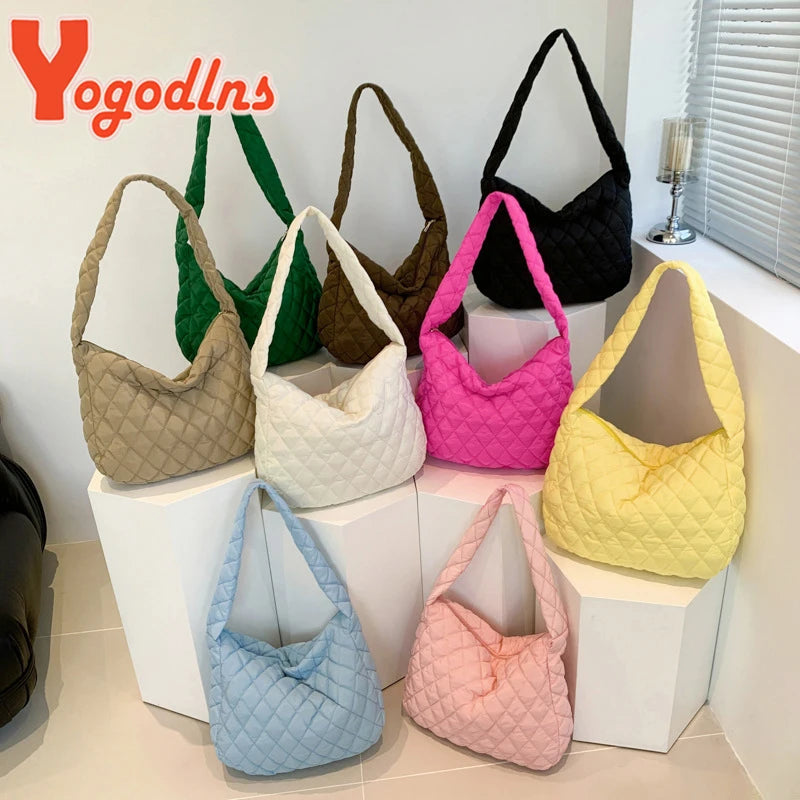 Yogodlns Winter Rhombus Space Cotton Padded Shoulder Bag Female Fashion Flap Down Crossbody Messenger Bag Luxury Lady Tote