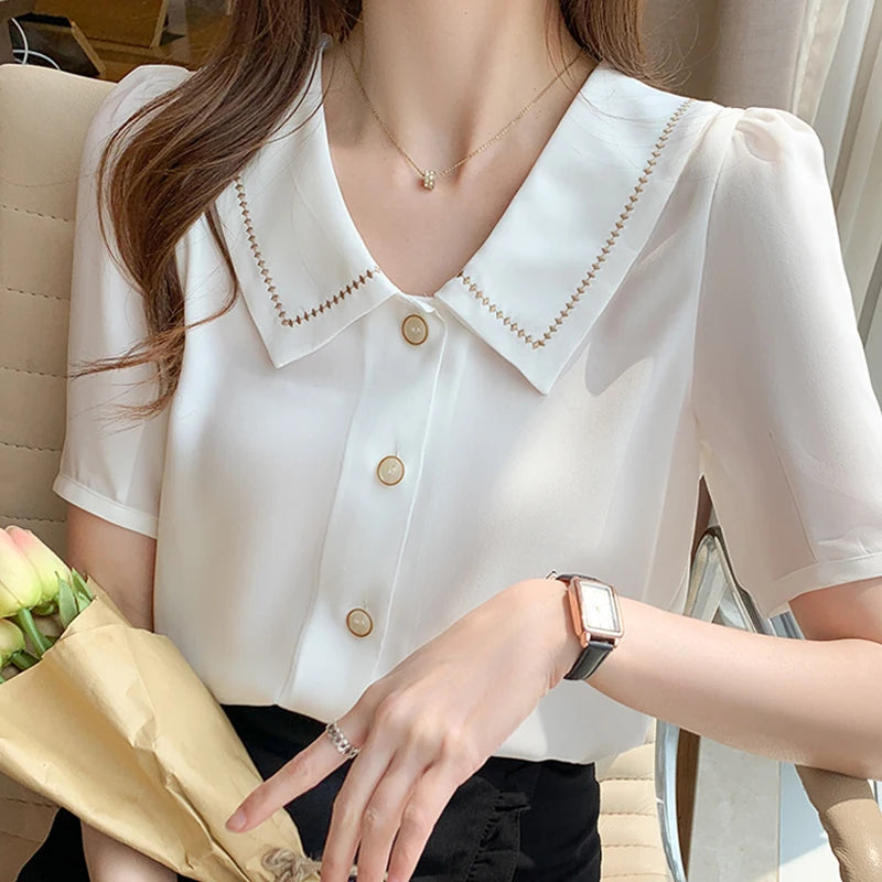 Blusas Blouses Femme Tops Women Turn Down Collar Blouse Women 2023 Summer White Blouse Short Sleeve Chiffon Blouse Shirt E778