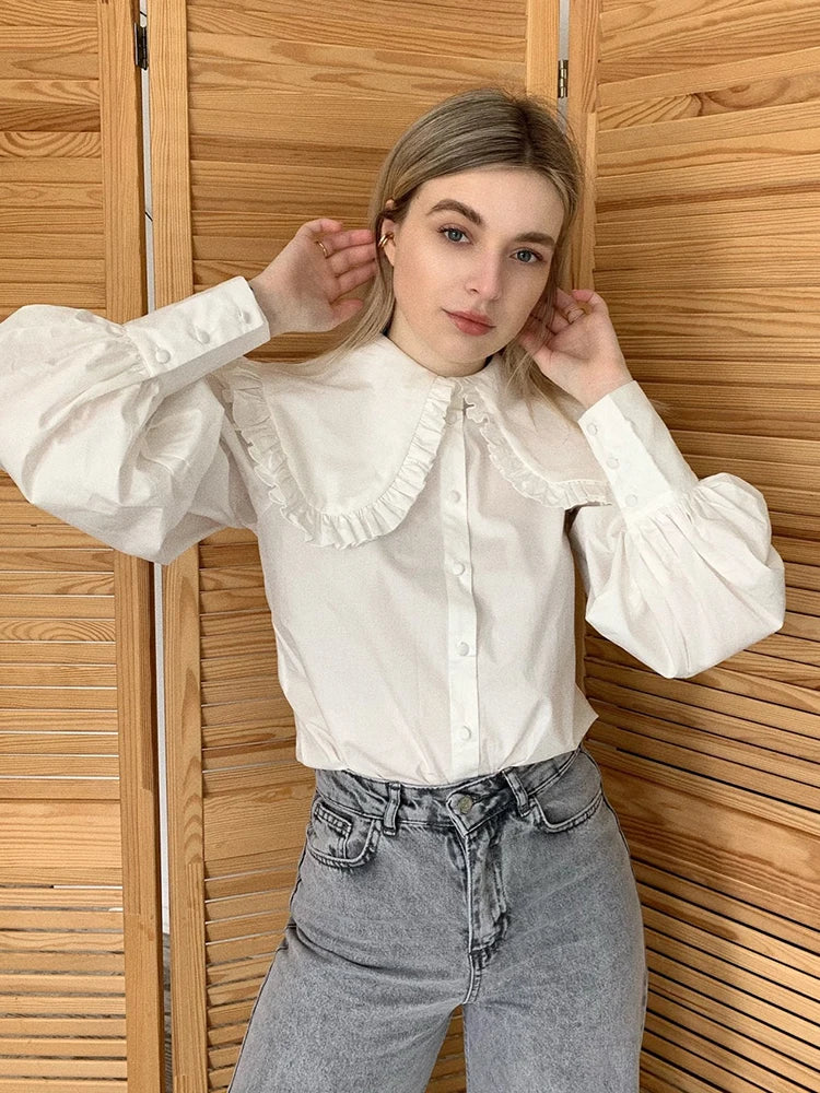 Mnealways18 Big Peter Pan Collar Ruffle Womens Blouse Long Sleeve White Cotton Casual Tops Female Spring Summer Frill Shirt 2024