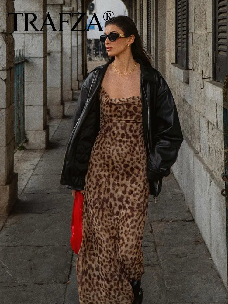 TRAFZA 2024 Summer New Woman Dress Leopard Print Sleeveless Vintage Slim Long Dresses Sexy Backless Female Spaghetti Strap Dress