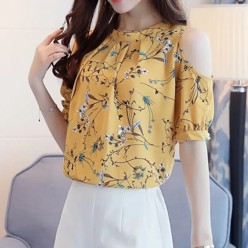 New Chiffon Print Blusas Floral Shirt For Womens Elegant Open Shoulder Blouses Women Ete Loose Female Tops Clothing 825C 30