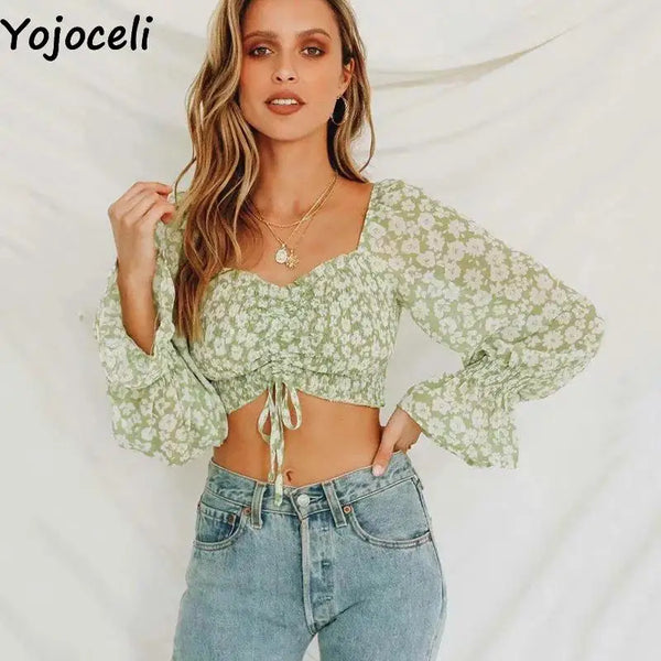 Yojoceli Sexy pleated print chiffon blouse women Autumn beach casual short crop top female Cool elegant ruffle blouse