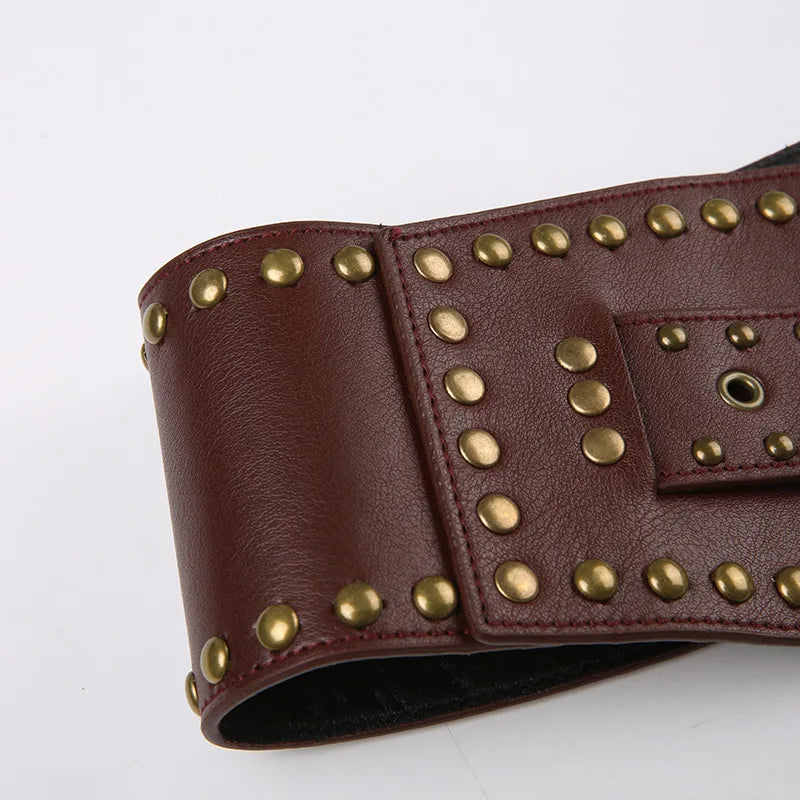 Vintage Punk Studded Belt  Chain Y2K Metal Pu Western Cowboy Wide Waistband Waist Belts Sexy Hiphop Men Skeleton Beaded Belt
