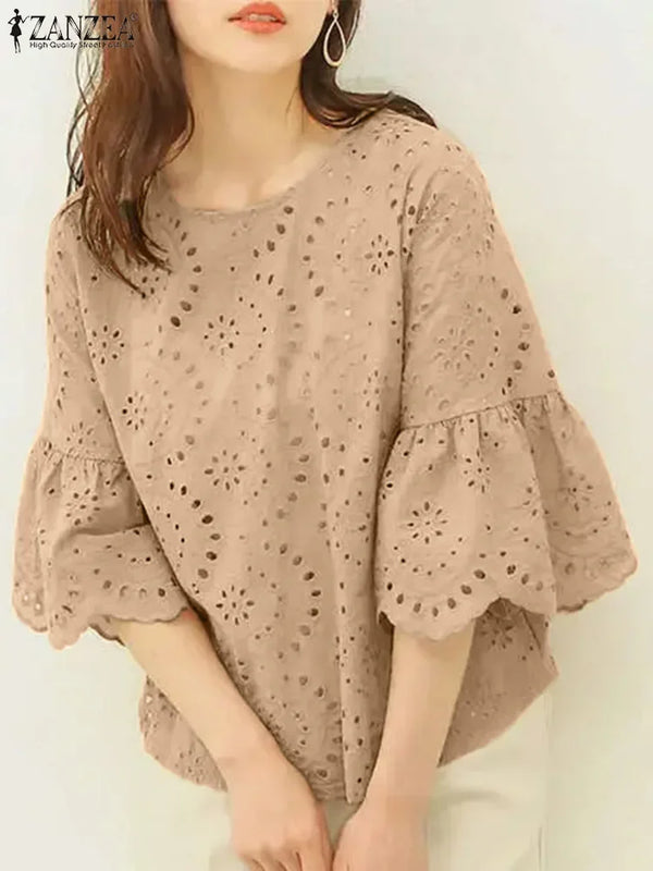 Women Elegant Lace Patchwork Blouse ZANZEA 2024 Summer 3/4 Ruffle Sleeve Casual Loose Blusa Everyday Hollow Out Solid Color Tops