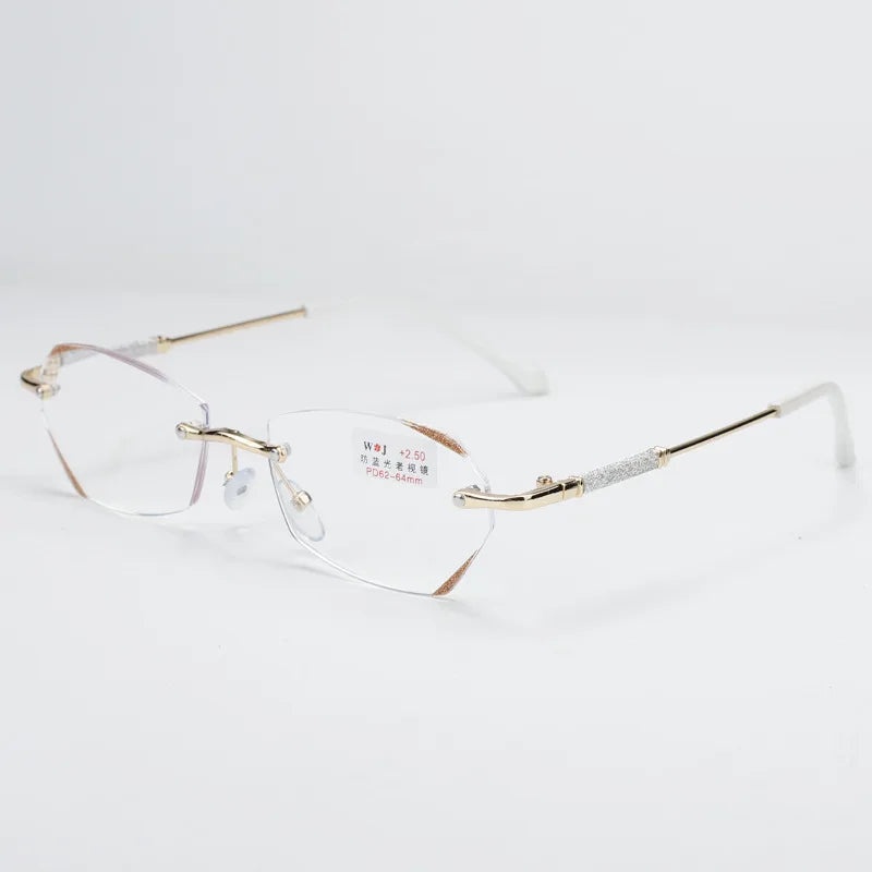 Women's Reading Glasses Fashion Rimless Diamond Cutting Frame Presbyopic Eyeglasses Optical Farsighted Eyewear Diopter 0 To +4.0