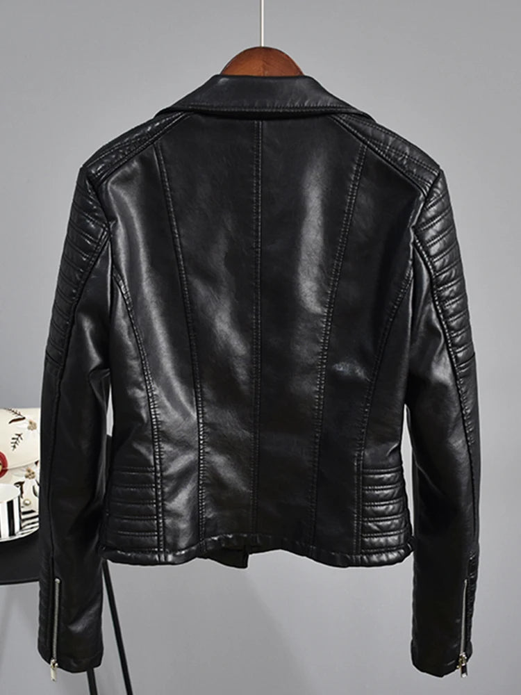 FTLZZ Autumn Faux Leather Jacket Women Turndown Collar Pu Motorcycle Black Punk Coat Female Rivet Zipper Outerwear