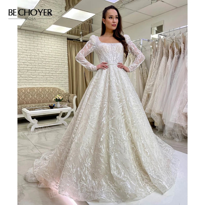 BECHOYER Long Sleeve Wedding Dress 2024 Beaded Square Collar Shiny A-Line Court Train Princess Bride Gowns HB11 Vestido de Noiva