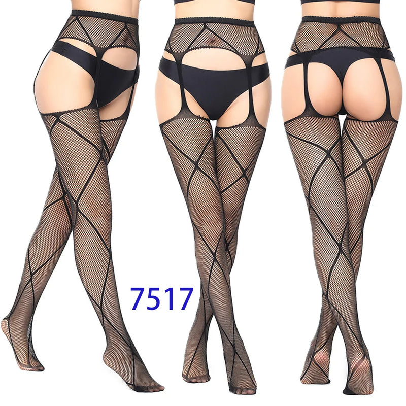 Sexy Women Fishnet Suspender Pantyhose Thigh-High Stockings Tights Stretchy High Erotic Stockings for Halloween Party Dress Up