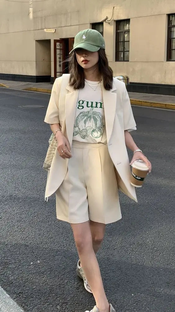 Clothing White 2024 Sleeve Summer Korean Style Blazer and Shorts Suit for Woman Kit Women's Short Pants Sets Complete Two Pieces