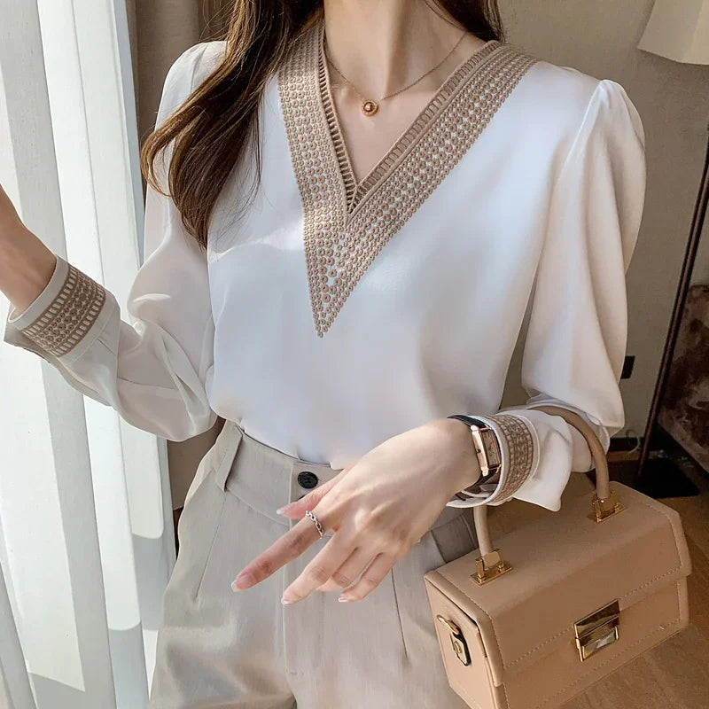 New Fashion White V Neck Chiffon Women Shirts Casual Loose Long Sleeve Women Blouses Tops LooseFemale Clothing Blusas 13366