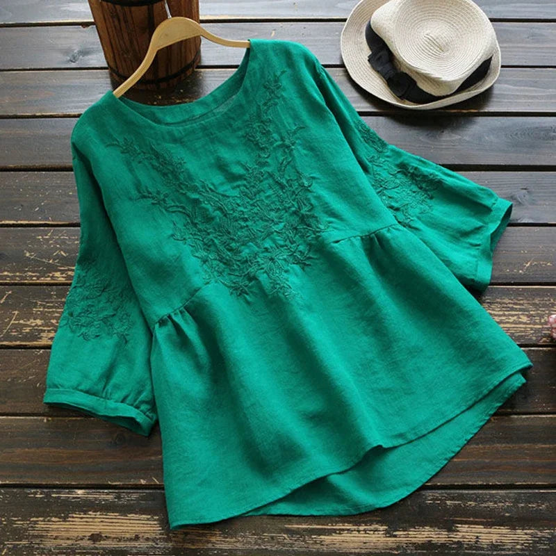 Simple Embroidery Blouse Women   Loose Summer Tops Short Sleeve Solid Color O Neck Bottoming Cotton Tees Ladies Clothes