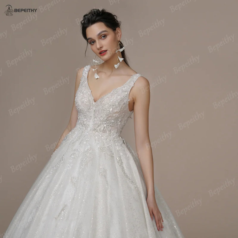 BEPEITHY Bride Luxury V Neck Crystal Wedding Dresses 2023 Sleeveless Court Train Beading Exquisite Ivory Bridal Ball Gown Spring
