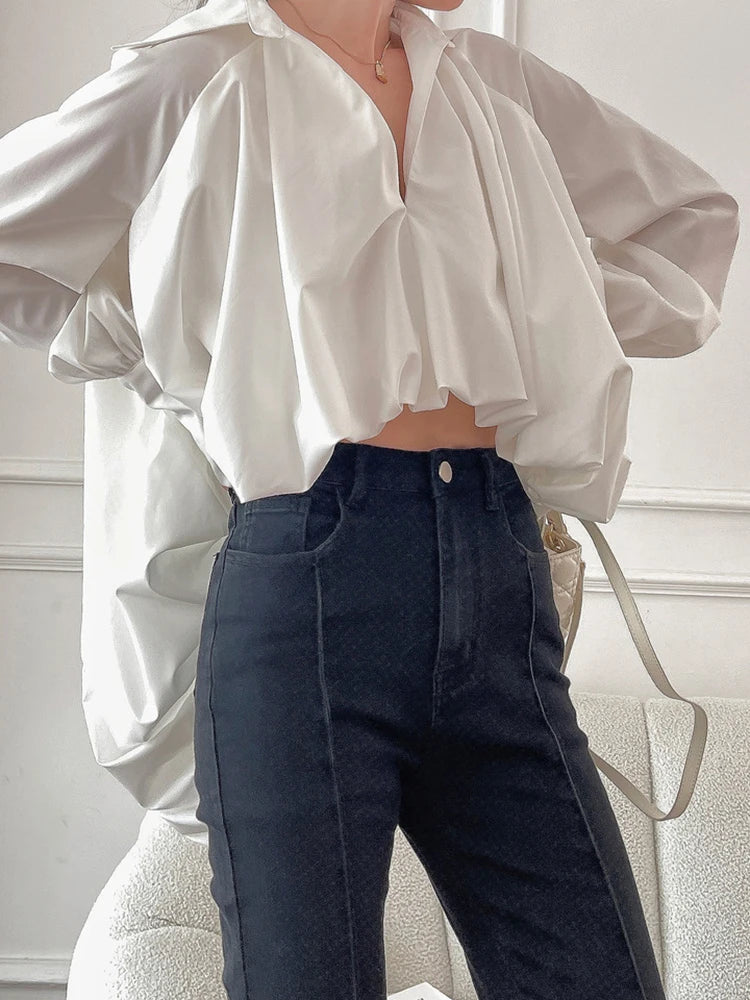 TWOTWINSTYLE White Casual Irregular Hem Shirt For Women V Neck Long Sleeve Solid Asymmetrical Blouses Female Autumn Clothing New