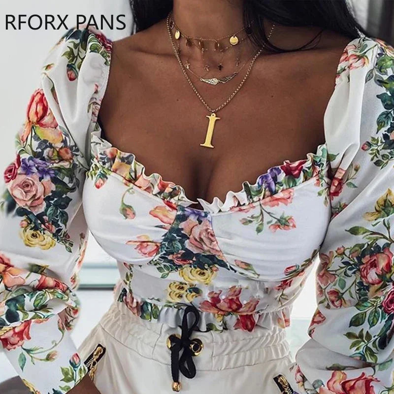 Long Sleeve Square Neck Floral Print Top Women  Plus Size Tops Spring  Tops and Blouses