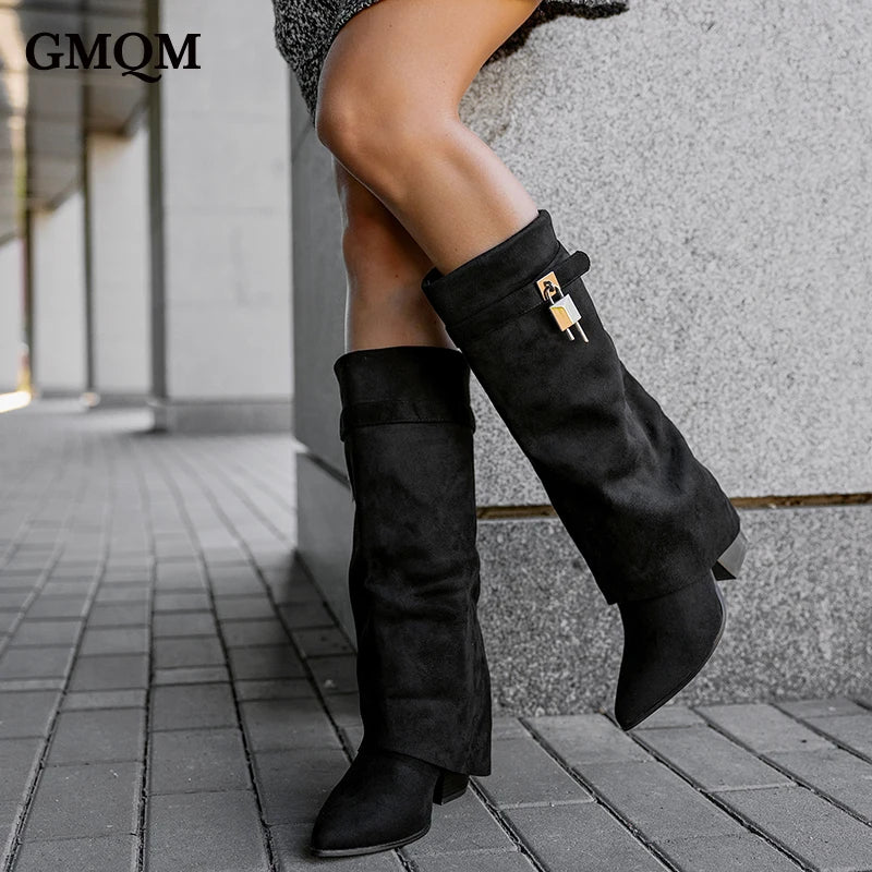 GMQM Brand Fashion Women's Western CowBoy Cowgirl Boots Denim Blue The Knee Boots Shark Lock High Heels Chunky Heels Long Boots