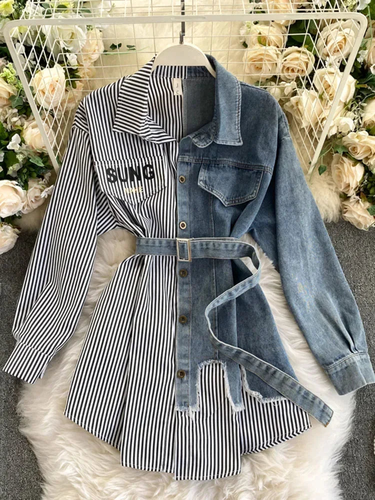 Spring Autumn Women's Denim Shirt Color Contrast Patchwork Lace Up Blouse Shows Thin Versatile Top Fashion GD596