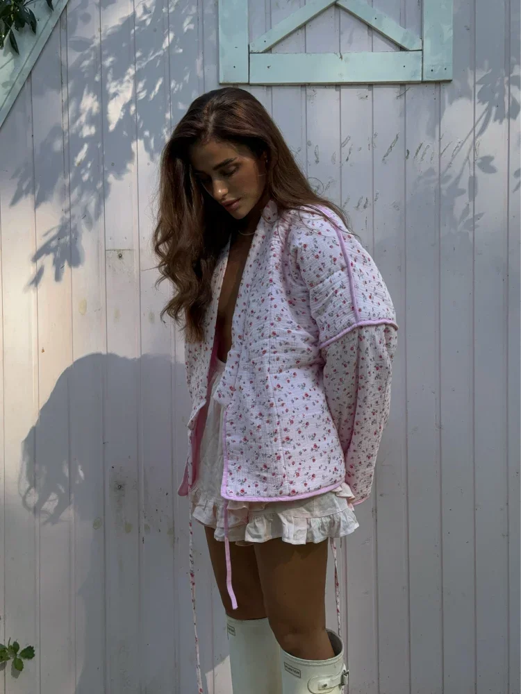 2024 New Pink Floral Cotton Coats Women Fashion V-neck Full Sleeve Lace Up Loose Jacket Autumn And Winte Chic Warm Lady Outwear