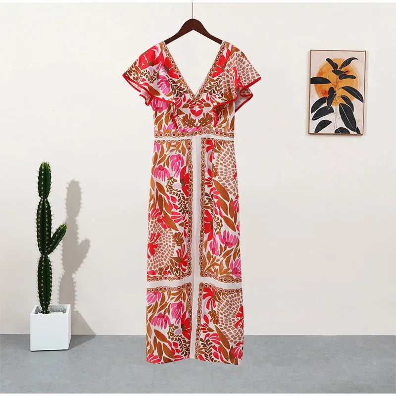 Women Vintage Print V Neck Maxi Dress Elegant Flying Sleeves High Waisted Split Slim Dresses 2024 New Lady Vocation Vestidos