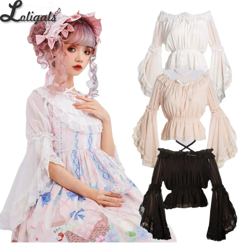 Sweet Women's Chiffon Blouse Flare Sleeve Cross Neck Lolita Top for Summer