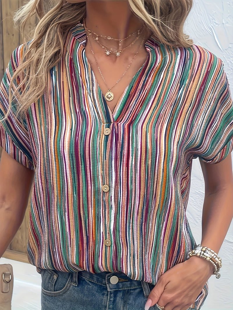 Plus Size Casual Blouse, Women's Plus Stripe Print Button Decor Short Sleeve Notched Neck Blouse