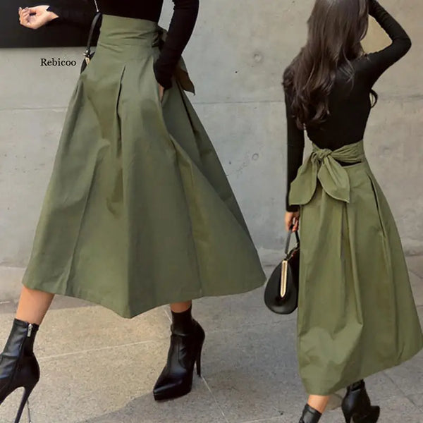 Elegant Skirts Womens Korean Fashion Solid Color Big Swing Ladies Skirt Long Skirt 2022 Autumn Wild High Waist Bow Slim Skirts