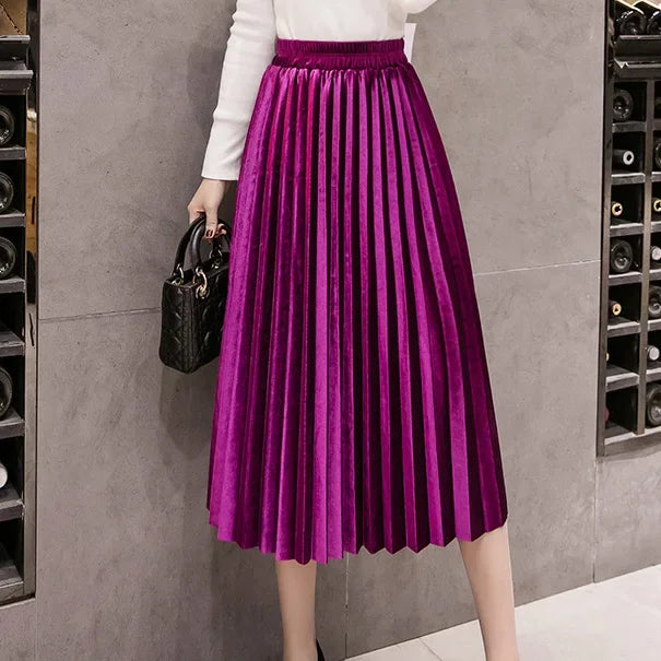 Pleated Women Skirts Velvet Large Swing Long  Skirts Faldas Saia Fashion Female Jupe