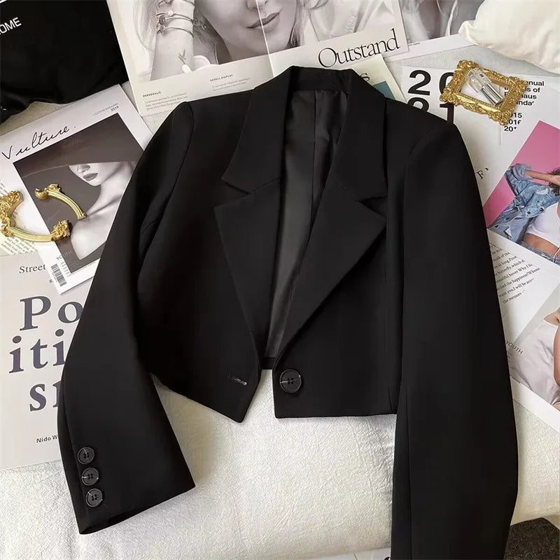 Korean Cropped Blazers Women Autumn Solid Color Simple Single-button Outwear Teens All-match Long Sleeve Office Lady Suit Jacket