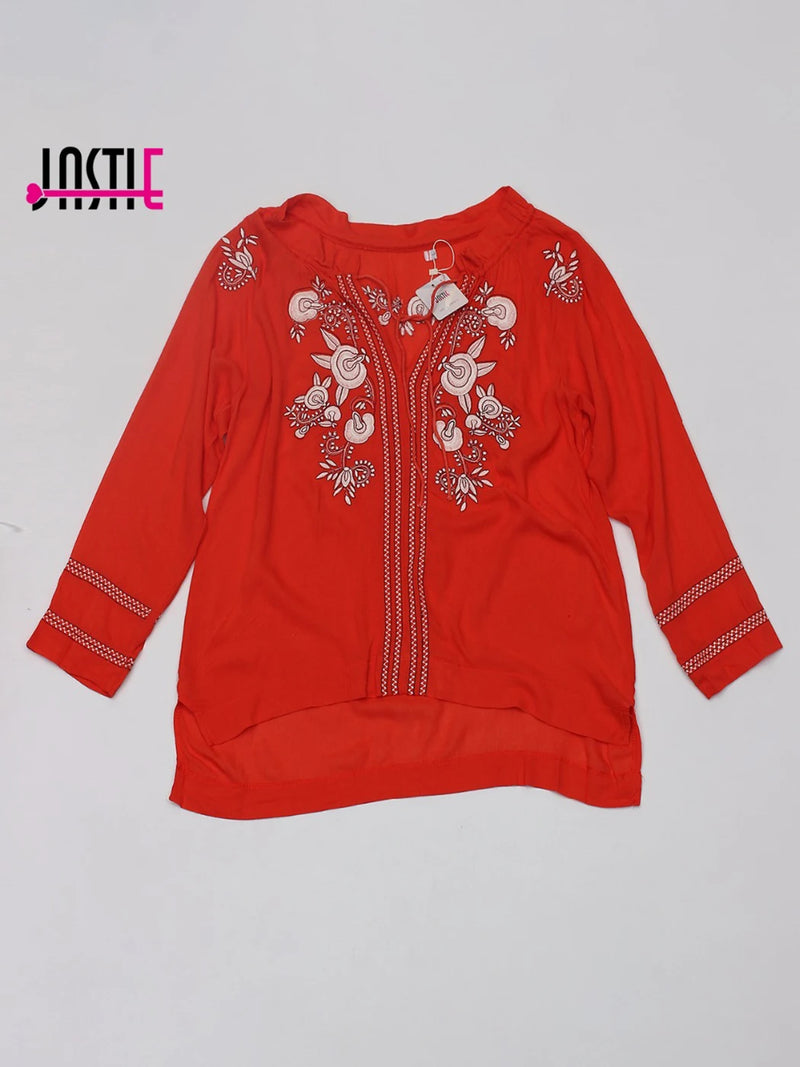 Jastie Vintage Embroidery V-Neck Sexy Top Boho High Low Hem Women Shirt Tops Long Sleeve Blouse Casual Chic Blusa Blouses