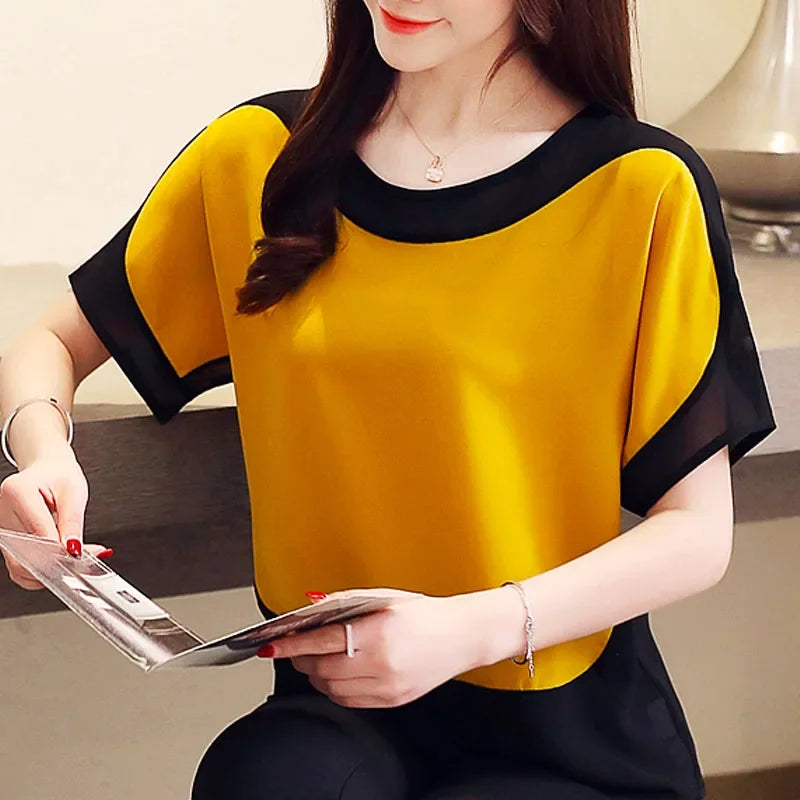 Womens Tops And Blouses Fashion Chiffon Blouse Loose Ladies Tops Shirts Solid Short O-Neck Batwing Sleeve 3397 50