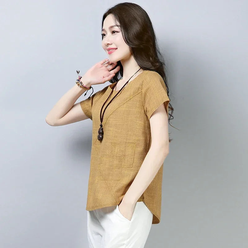 Women's Summer Blouses Vintage Linen Cotton Women Tops Blouses Short Sleeve Women Shirts Women Loose Clothing Blusas 2127