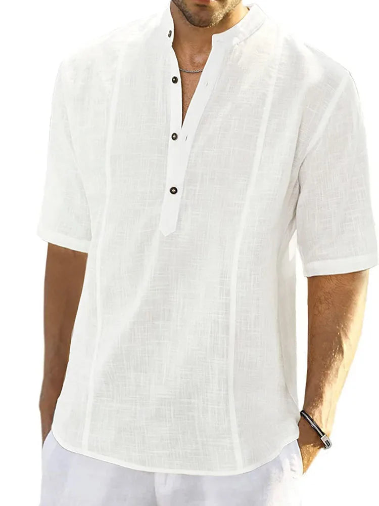 Men Summer V Neck Half Button Pullover Blouse Tops Casual Male Linen Half Sleeve Loose Blouse Shirts YLX-068