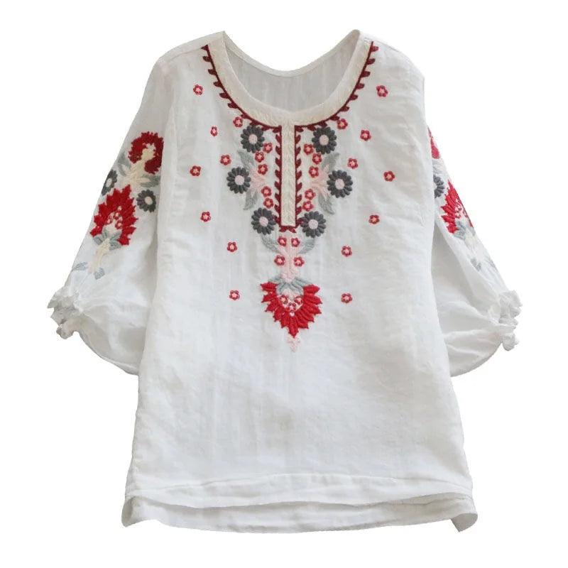 Women Cotton Linen Floral Embroider  Blouses Boho Ethnic Lantern Sleeve Shirts Vintage Retro Hippie Casual Tops Summer Blusa