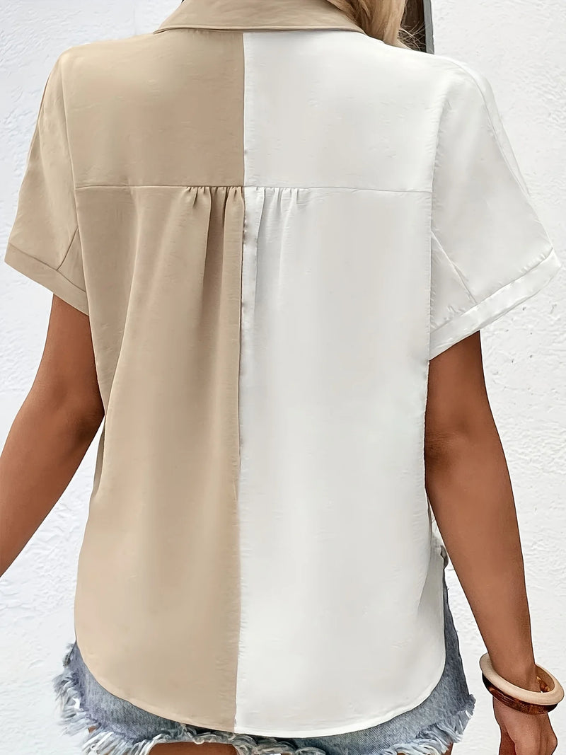 Plus Size Casual Blouse, Women's Plus Colorblock Short Sleeve Turn Down Collar Button Up Blouse