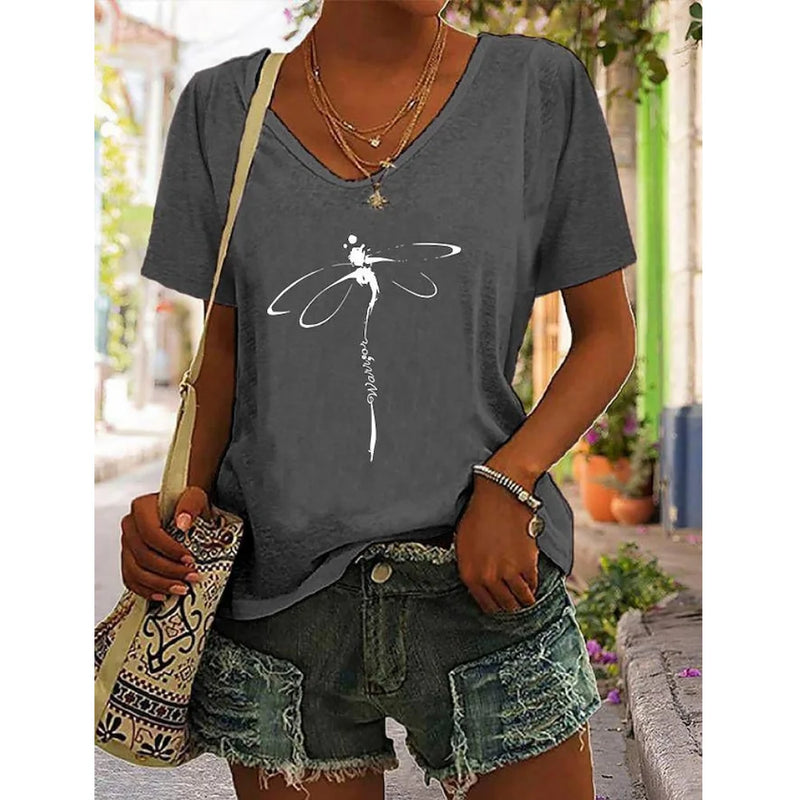 Women's T-Shirt Summer Dragonfly Print Tops Tees Casual Daily V Neck Blouse Women Oversized Pullovers Girls Minimalist Clothing