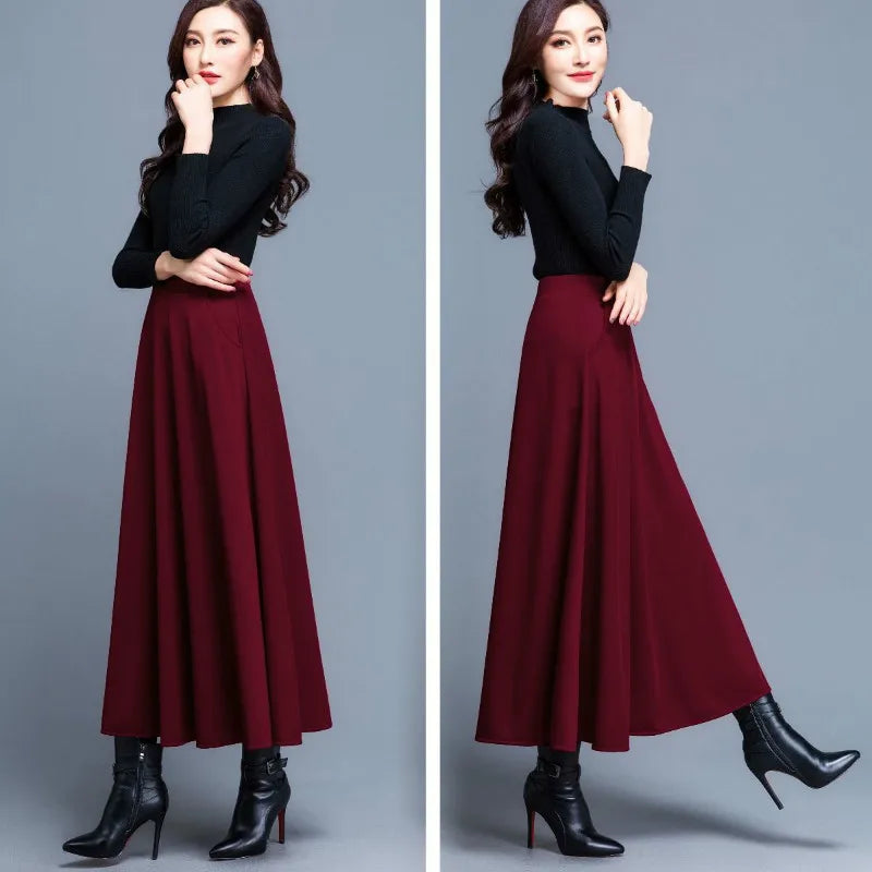 Autumn and Winter Solid Color Woolen Skirt Big Hem A- Line  High Waist Long Women Mujer Faldas Saias Mulher